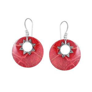 Sterling silver red shell round earrings with sunburst accent for wholesale jewelry buyers