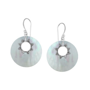 Sterling silver mother of pearl round earrings with sunburst accent for wholesale jewelry buyers