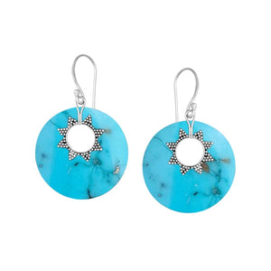 Sterling silver turquoise round earrings with sunburst accent for wholesale jewelry buyers