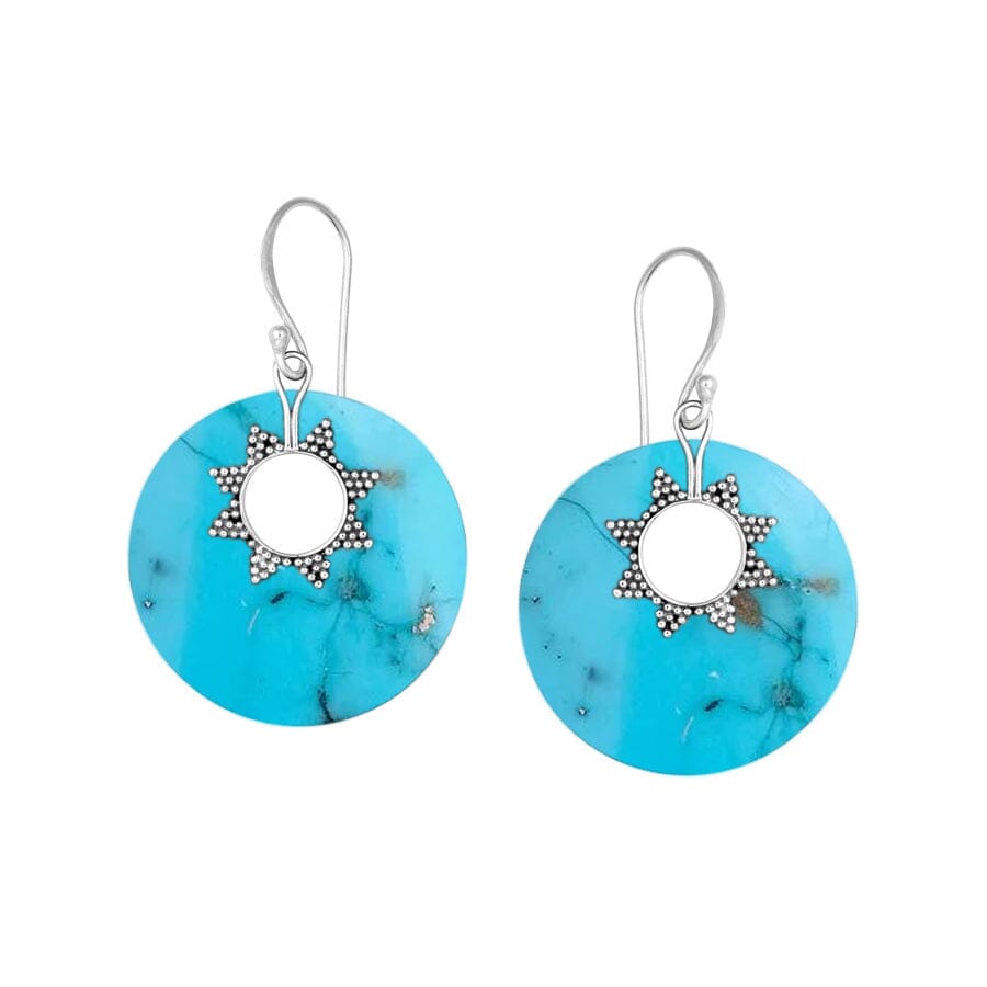 Sterling silver turquoise round earrings with sunburst accent for wholesale jewelry buyers