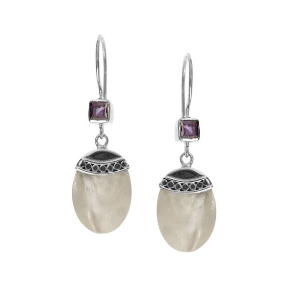 AE-1058-CO1 Sterling Silver Oval Shape Earring With Shell & Amethyst Jewelry Bali Designs Inc 