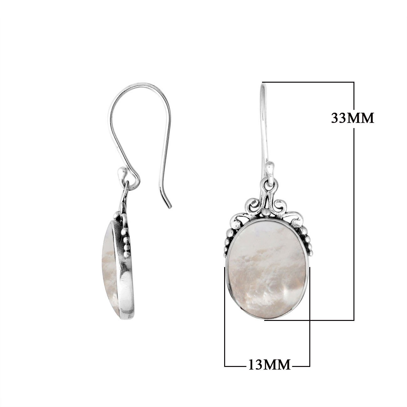 Sterling silver mother of pearl oval earrings with scroll and bead accent design for wholesale jewelry buyers