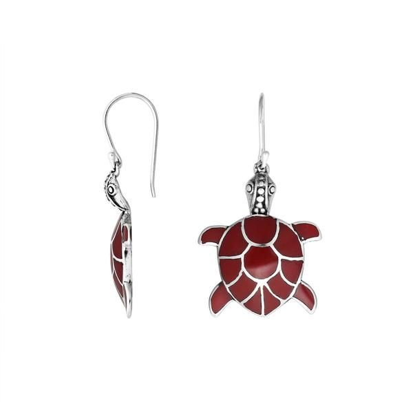 AE-1079-CR Sterling Silver Beautiful Hand Crafted Sea Turtle Earring With Coral Jewelry Bali Designs Inc 