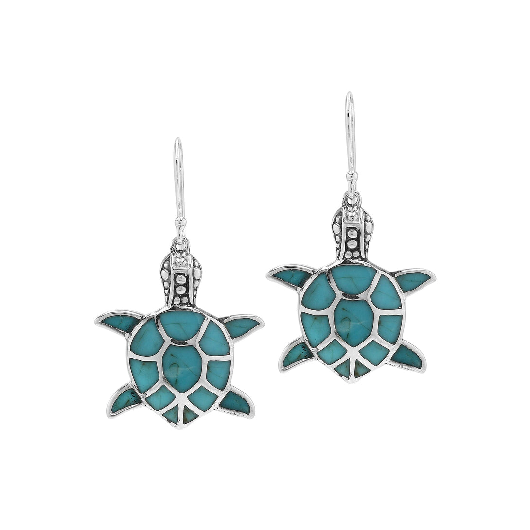 AE-1079-TQ Sterling Silver Beautiful Hand Crafted Sea Turtle Earring With Turquoise Jewelry Bali Designs Inc 