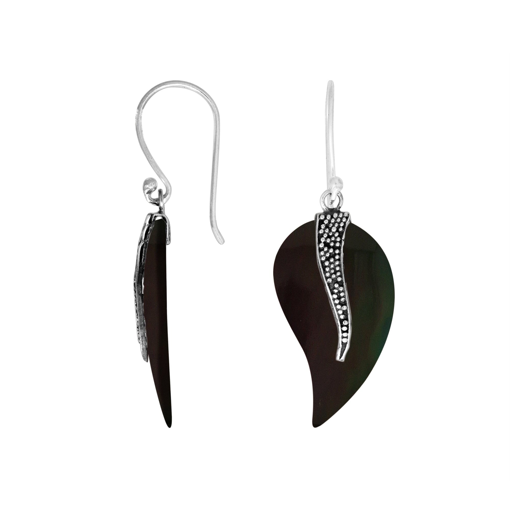 “Wholesale black shell leaf earrings with sterling silver wave accent – handcrafted Bali dangle jewelry”