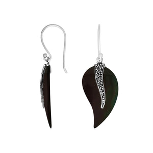 “Wholesale black shell leaf earrings with sterling silver wave accent – handcrafted Bali dangle jewelry”