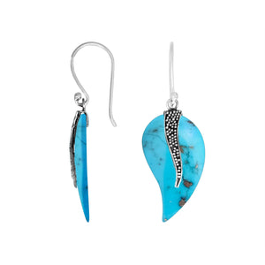 “Wholesale turquoise shell leaf earrings with sterling silver dotted wave accent – handcrafted Bali gemstone dangle jewelry”