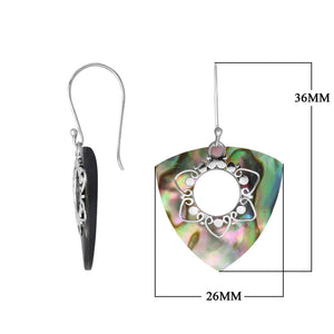 “Wholesale sterling silver triangle earrings with Abalone Shell, handcrafted Bali jewelry with floral filigree for bulk orders”