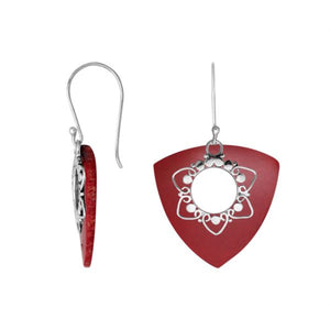 “Wholesale sterling silver triangle earrings with Red Coral, handcrafted Bali jewelry with floral filigree for bulk orders”