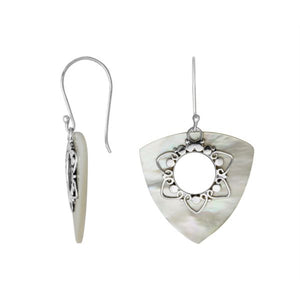 “Wholesale sterling silver triangle earrings with Mother of Pearl, handcrafted Bali jewelry with floral filigree for bulk orders”