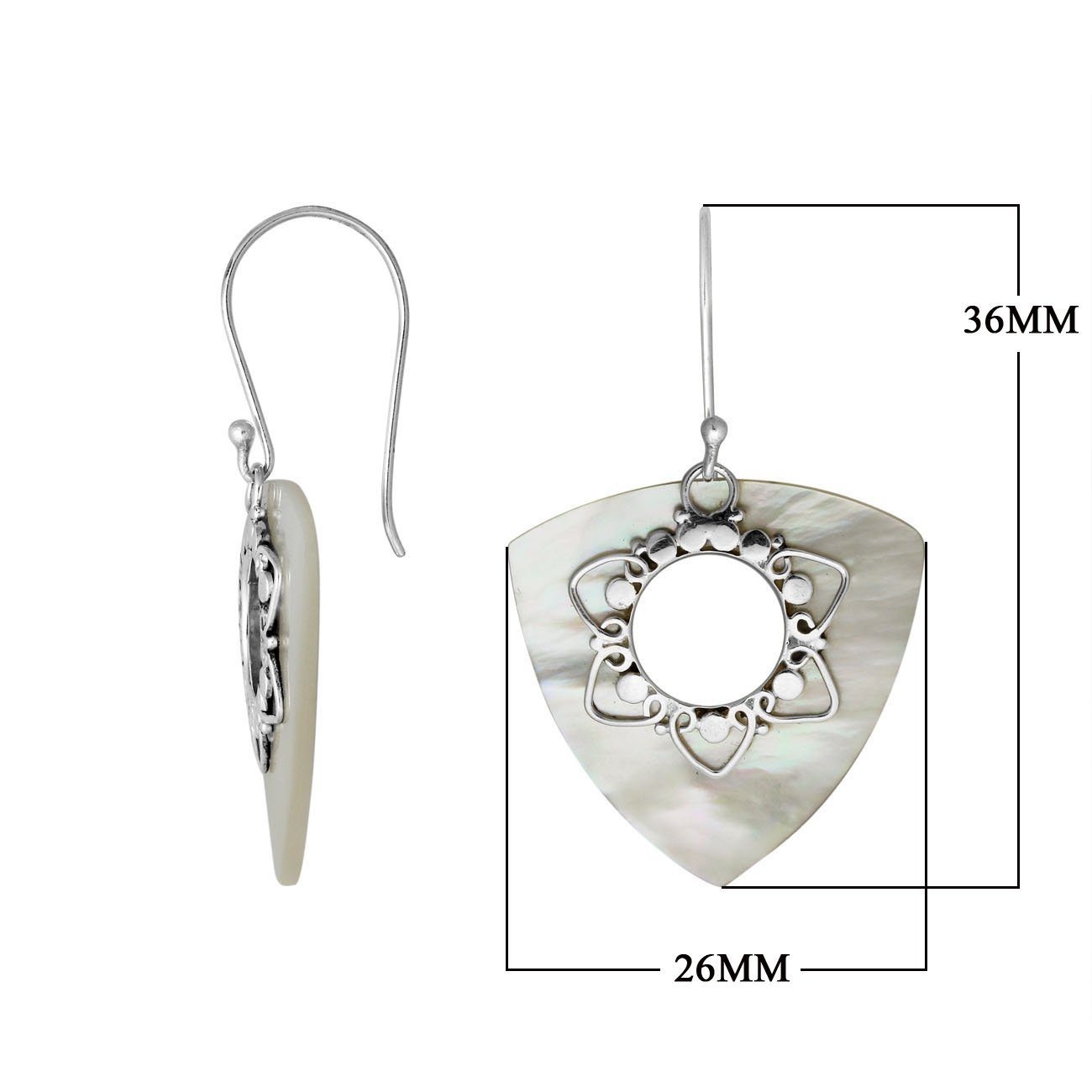 “Wholesale sterling silver triangle earrings with Mother of Pearl, handcrafted Bali jewelry with floral filigree for bulk orders”