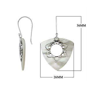 “Wholesale sterling silver triangle earrings with Mother of Pearl, handcrafted Bali jewelry with floral filigree for bulk orders”
