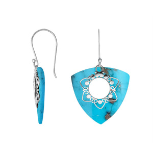 “Wholesale sterling silver triangle earrings with Turquoise Shell, handcrafted Bali jewelry with floral filigree for bulk orders”