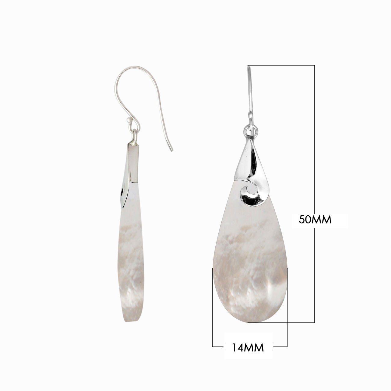 “Wholesale sterling silver drop earrings with Mother of Pearl, handcrafted Bali jewelry with polished silver swirl accents for bulk orders”