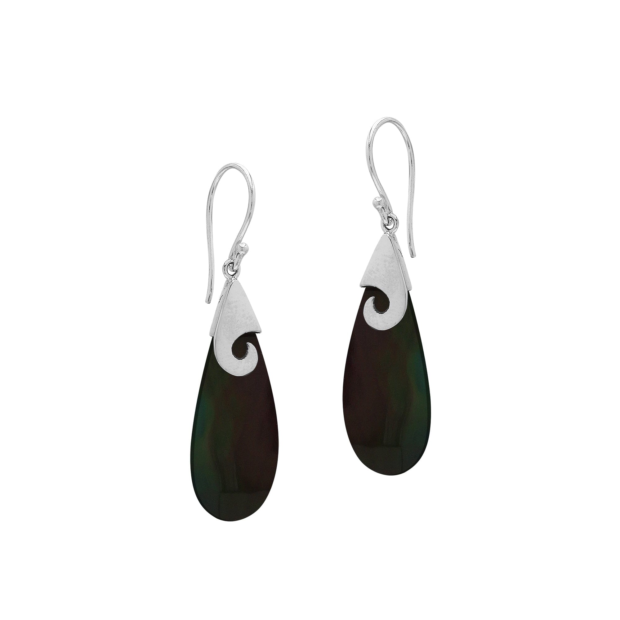 Wholesale sterling silver black shell teardrop earrings handcrafted in Bali with swirl silver detail
