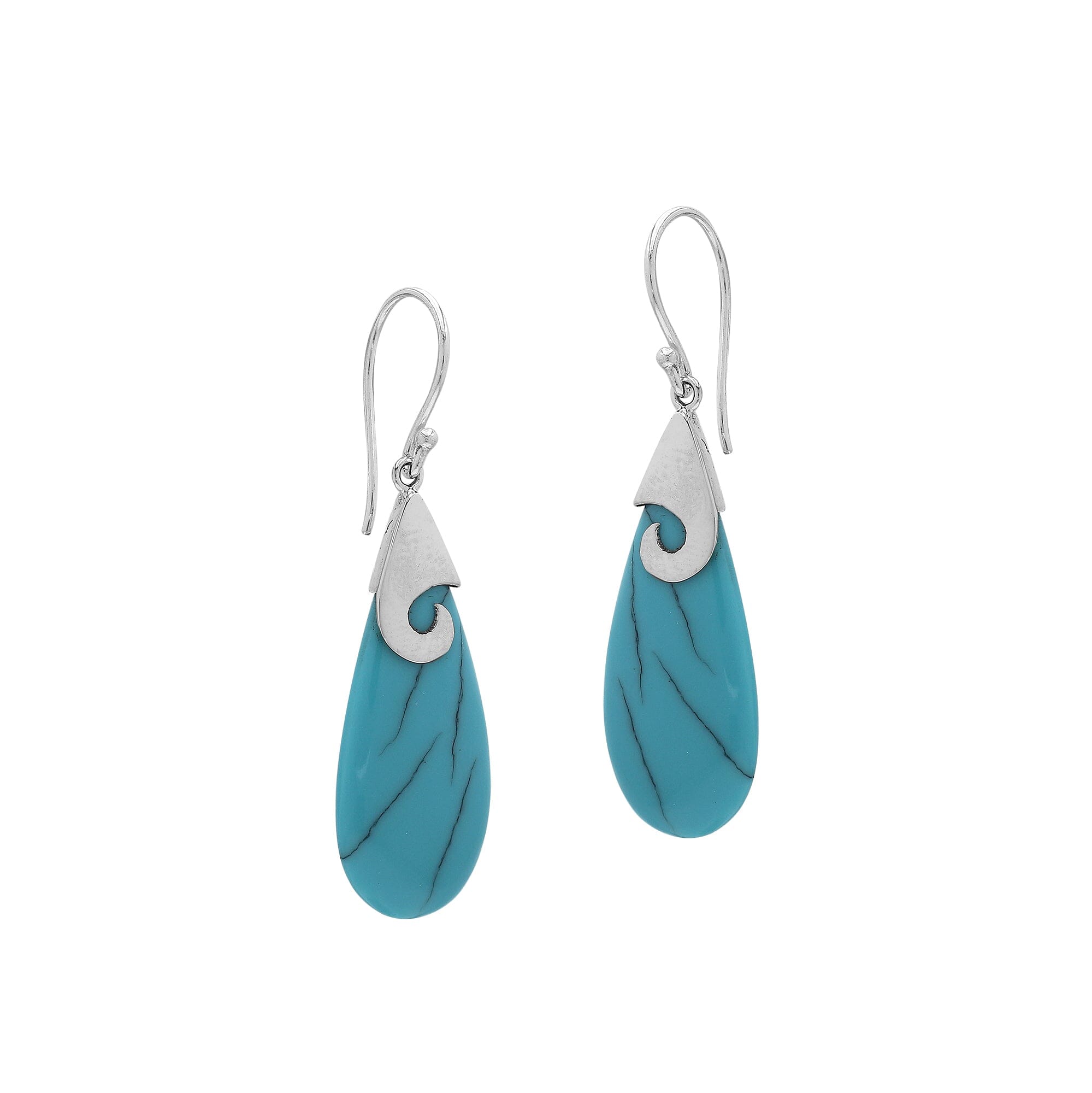 Wholesale sterling silver turquoise Shell teardrop earrings with swirl silver detail, handcrafted in Bali