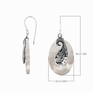 Sterling silver Mother of Pearl oval earrings with paisley design for women

Elegant oval shell drop earrings handcrafted in Bali