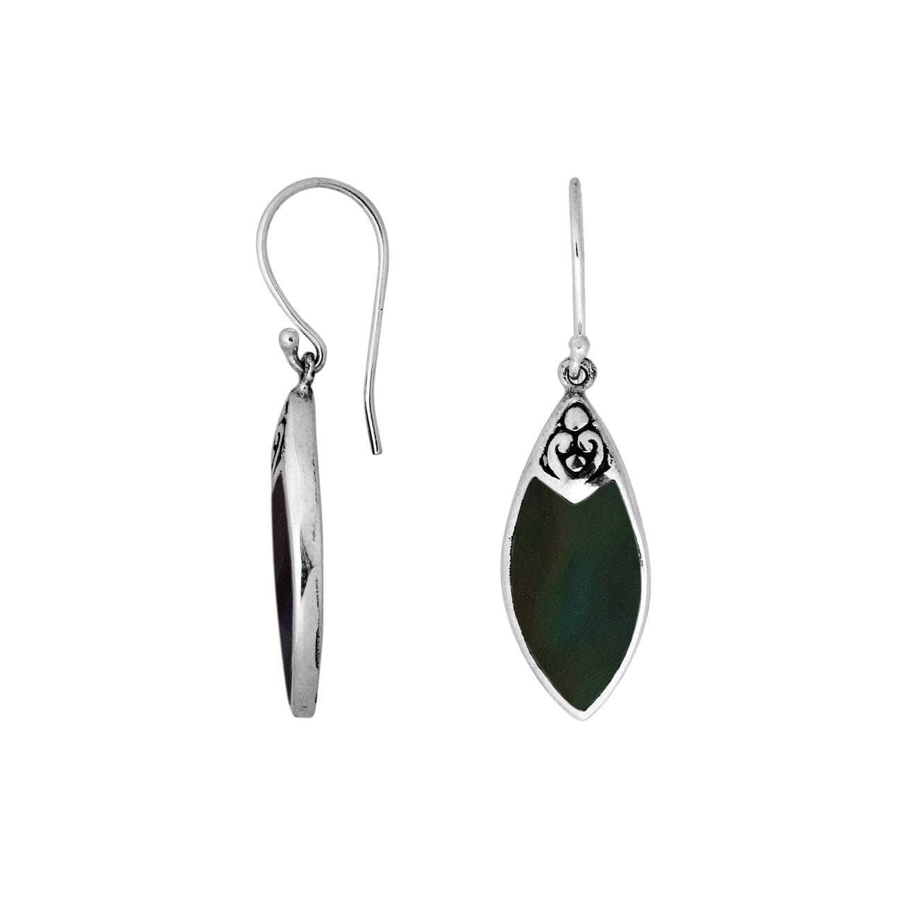 Wholesale sterling silver marquise earrings with shimmering black shell inlay and Balinese scroll detailing, handcrafted in Bali