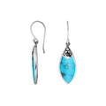 Wholesale sterling silver marquise earrings with vibrant turquoise inlay and Balinese scroll detailing, handcrafted in Bali
