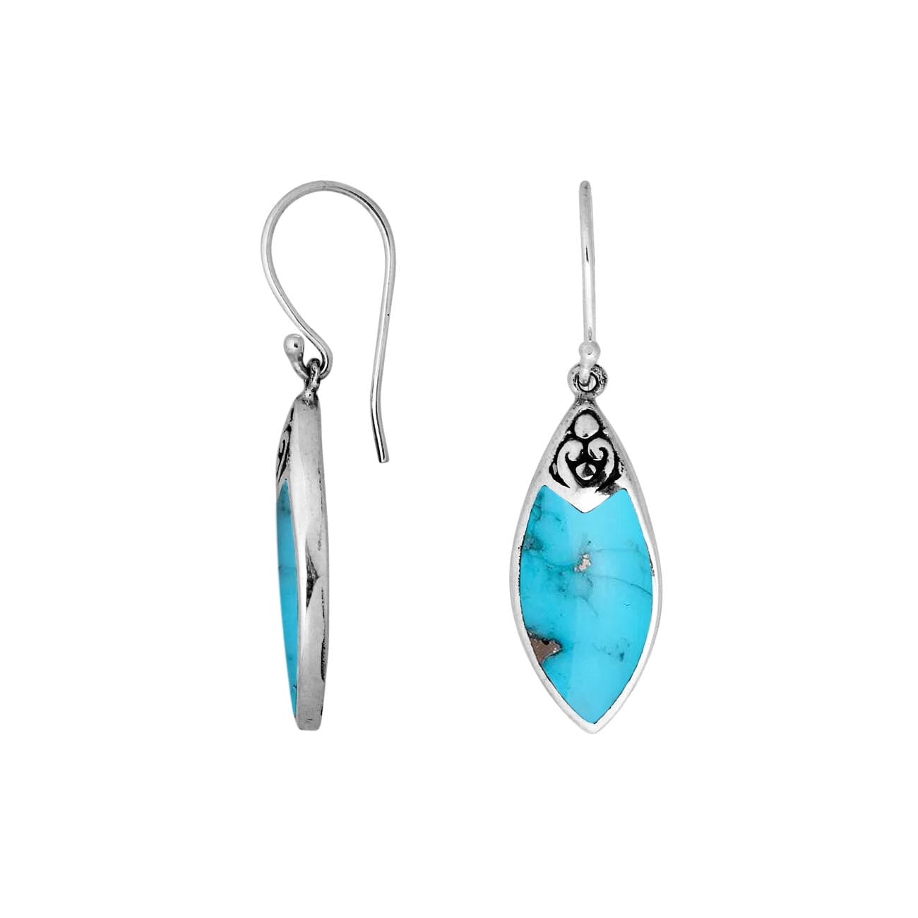 Wholesale sterling silver marquise earrings with vibrant turquoise inlay and Balinese scroll detailing, handcrafted in Bali