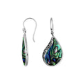 Wholesale sterling silver teardrop earrings with vibrant abalone shell inlay and Balinese scroll detailing, handcrafted in Bali