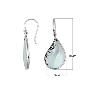 Wholesale sterling silver teardrop earrings with luminous Mother of Pearl inlay and Balinese scroll detailing, handcrafted in Bali