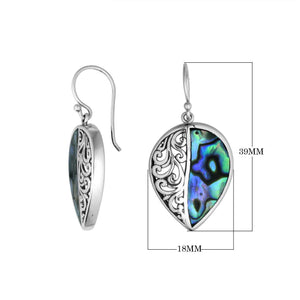 Sterling silver teardrop earrings with Abalone Shell and Balinese scrollwork design