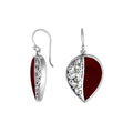 Sterling silver teardrop earrings with Red Coral and Balinese scroll design.