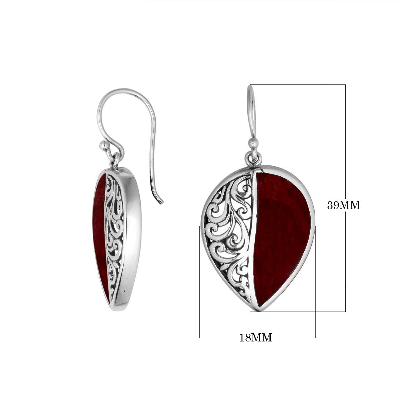 Sterling silver teardrop earrings with Red Coral and Balinese scroll design.