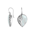 Sterling silver teardrop earrings with Mother of Pearl and Balinese scrollwork design.