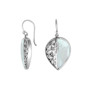Sterling silver teardrop earrings with Mother of Pearl and Balinese scrollwork design.