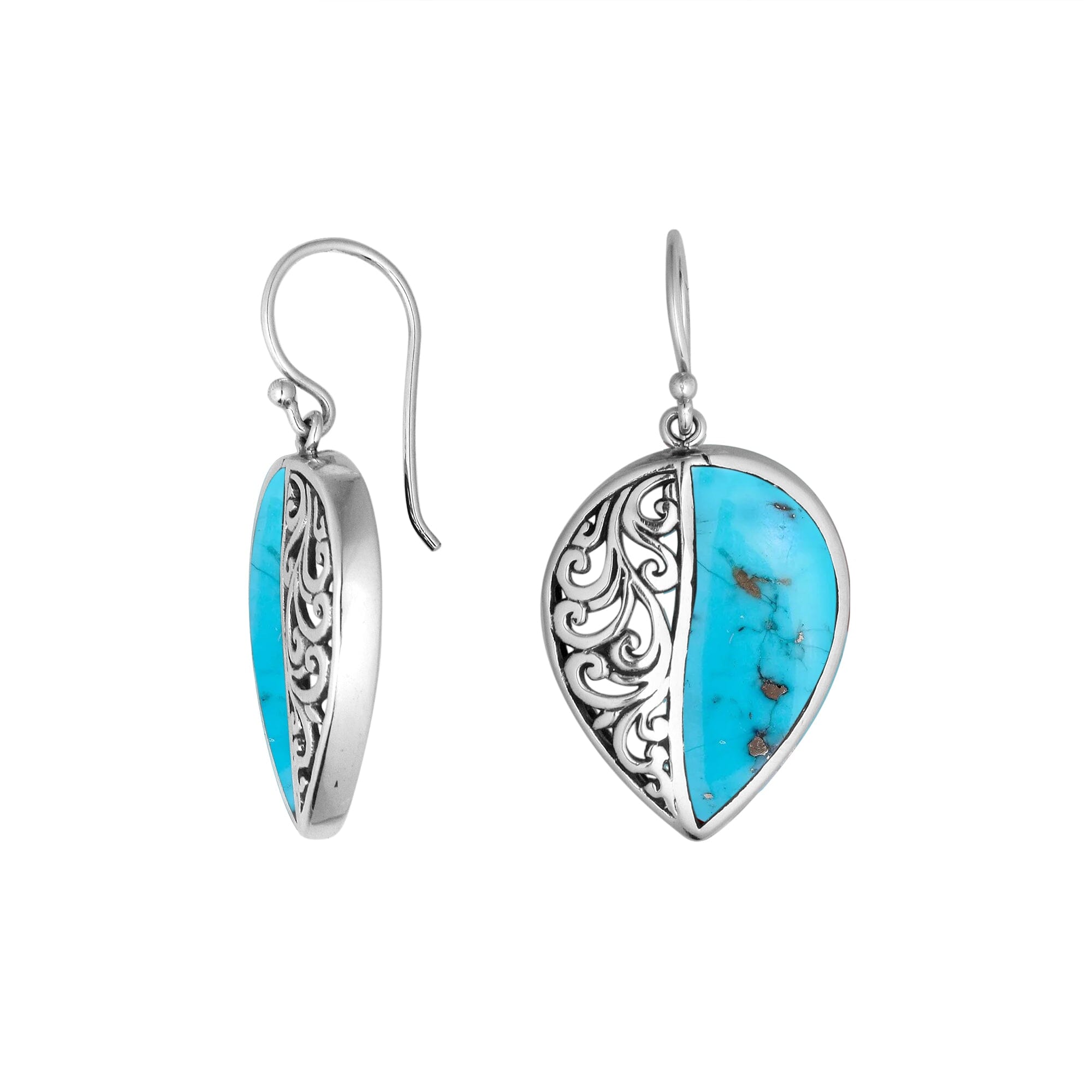 Sterling silver teardrop earrings with Turquoise Shell and Balinese scrollwork design.