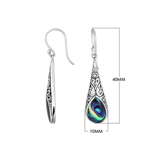Sterling silver long teardrop earrings with Abalone Shell and Balinese scrollwork design.