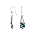 Sterling silver long teardrop earrings with Abalone Shell and Balinese scrollwork design.