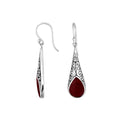 Sterling silver long teardrop earrings with Red Coral and Balinese scrollwork design.
