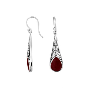 Sterling silver long teardrop earrings with Red Coral and Balinese scrollwork design.