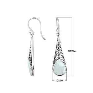 Sterling silver long teardrop earrings with Mother of Pearl and Balinese scrollwork.