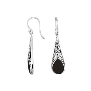Sterling silver long teardrop earrings with Black Shell and Balinese scrollwork design.