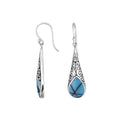 Sterling silver long teardrop earrings with Turquoise Shell and Balinese scrollwork.
