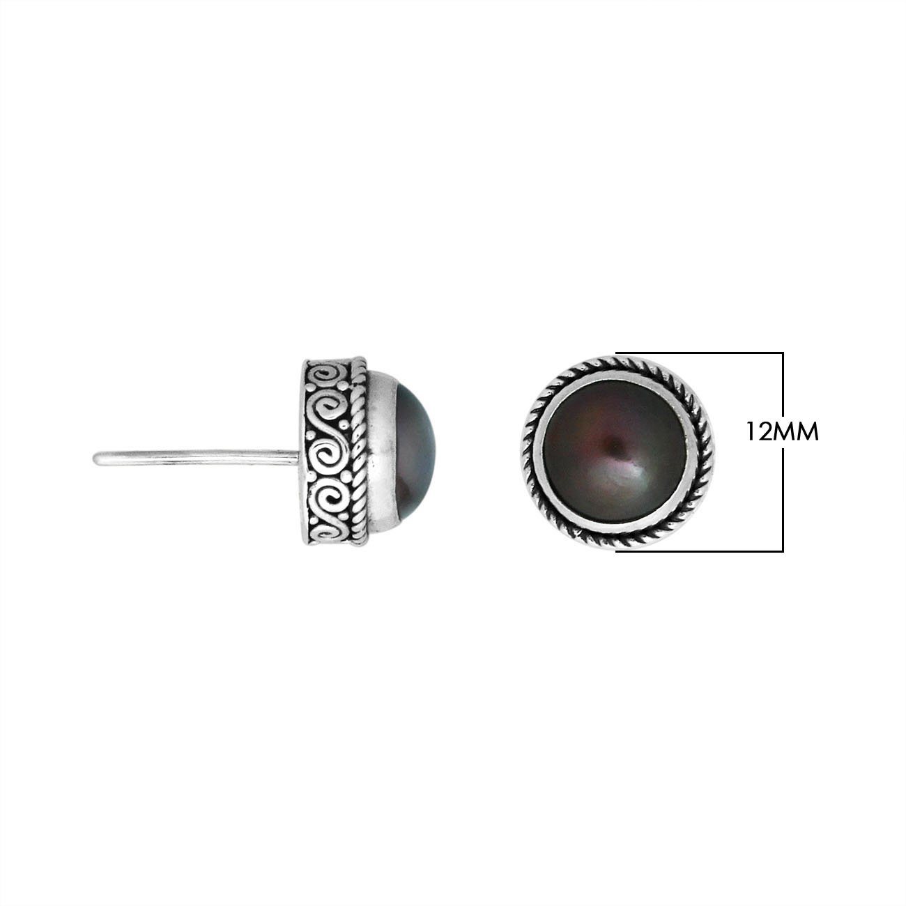 Sterling silver stud earrings with Gray Pearl and Balinese swirl detailing.