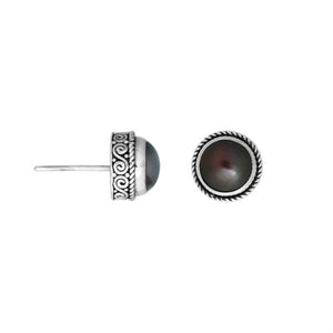Sterling silver stud earrings with Gray Pearl and Balinese swirl detailing.