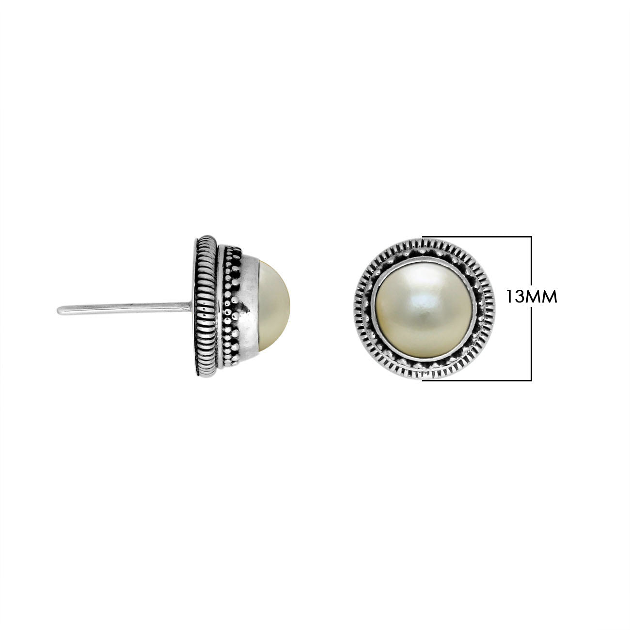 Sterling silver stud earrings with White Pearls and a dotted Balinese border.