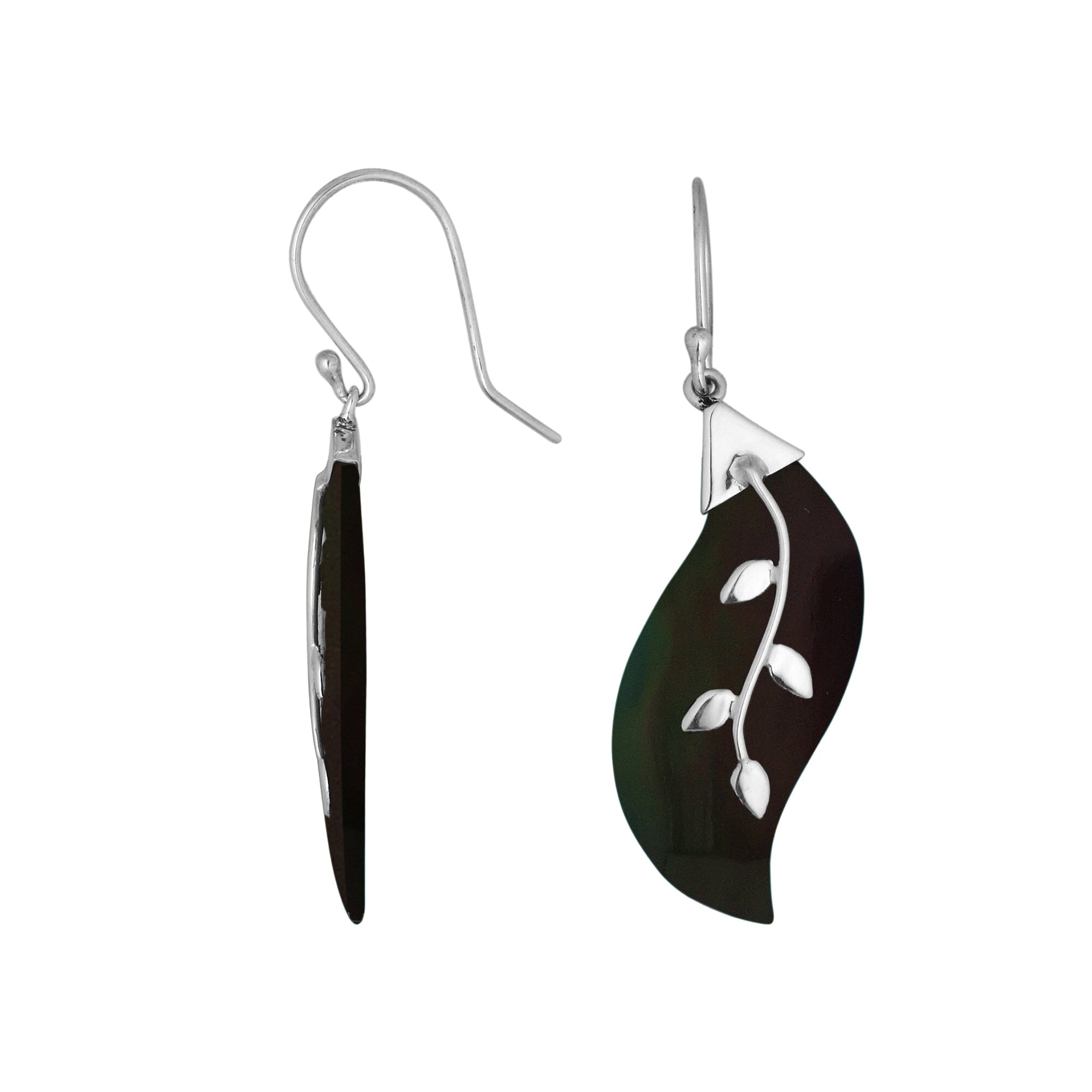 Wholesale Sterling Silver Black Shell Leaf Drop Earrings Handcrafted In Bali