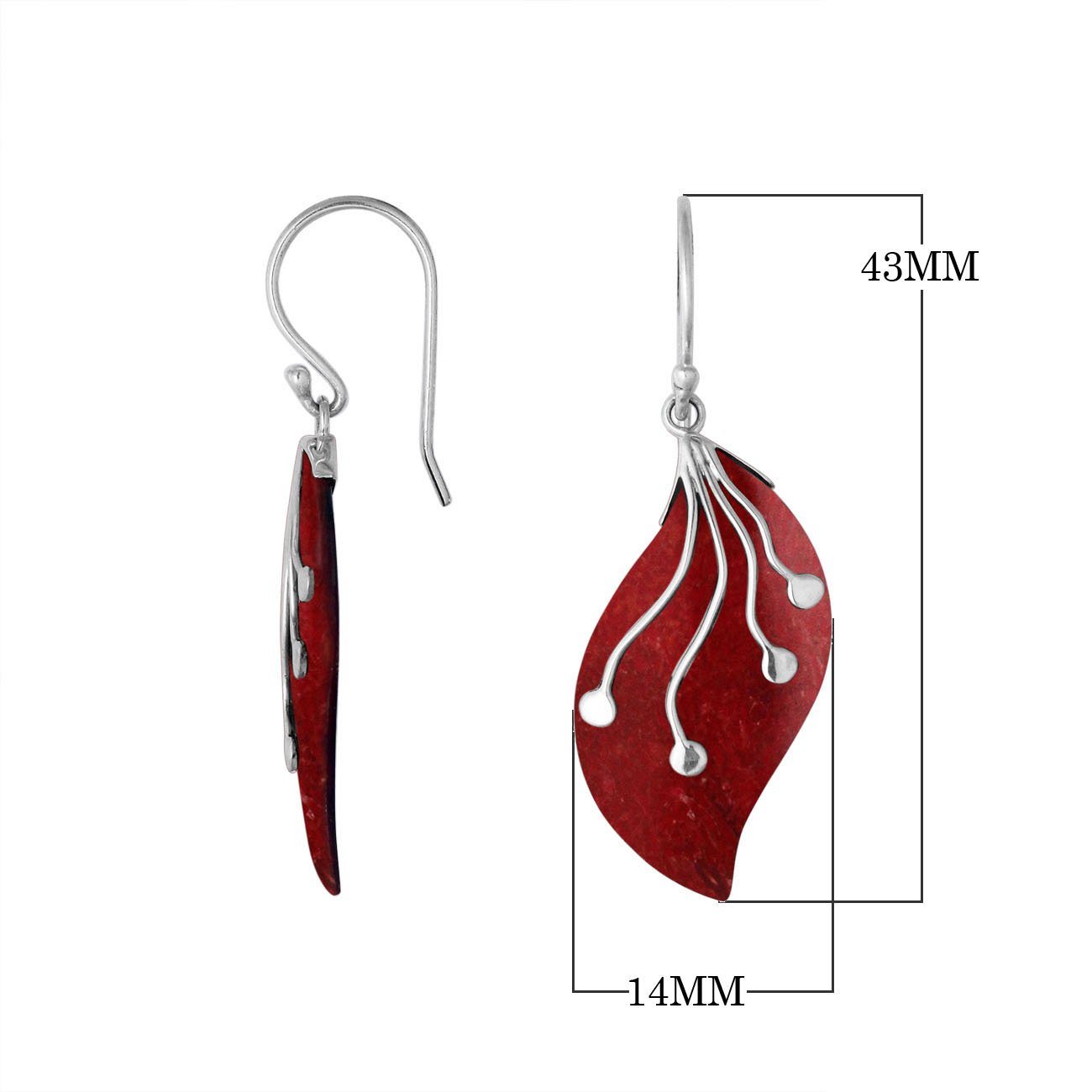 Wholesale sterling silver Red Coral Shell leaf earrings handcrafted in Bali