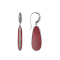 Sterling Silver Red Coral Shell Drop Earrings featuring teardrop design with textured silver edge and polished finish for wholesale jewelry collections