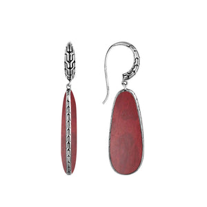 Sterling Silver Red Coral Shell Drop Earrings featuring teardrop design with textured silver edge and polished finish for wholesale jewelry collections