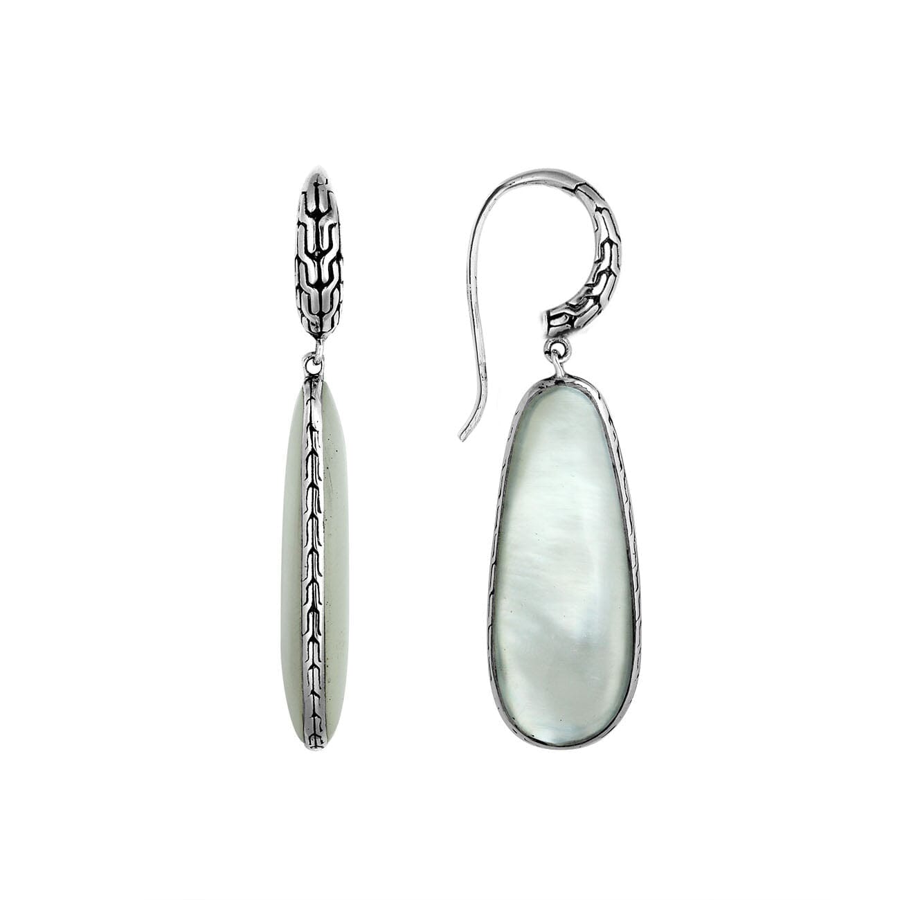 Sterling Silver Mother Of Pearl Shell Drop Earrings featuring teardrop design with textured silver edge and glossy mirror-polished finish
