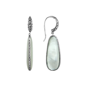 Sterling Silver Mother Of Pearl Shell Drop Earrings featuring teardrop design with textured silver edge and glossy mirror-polished finish