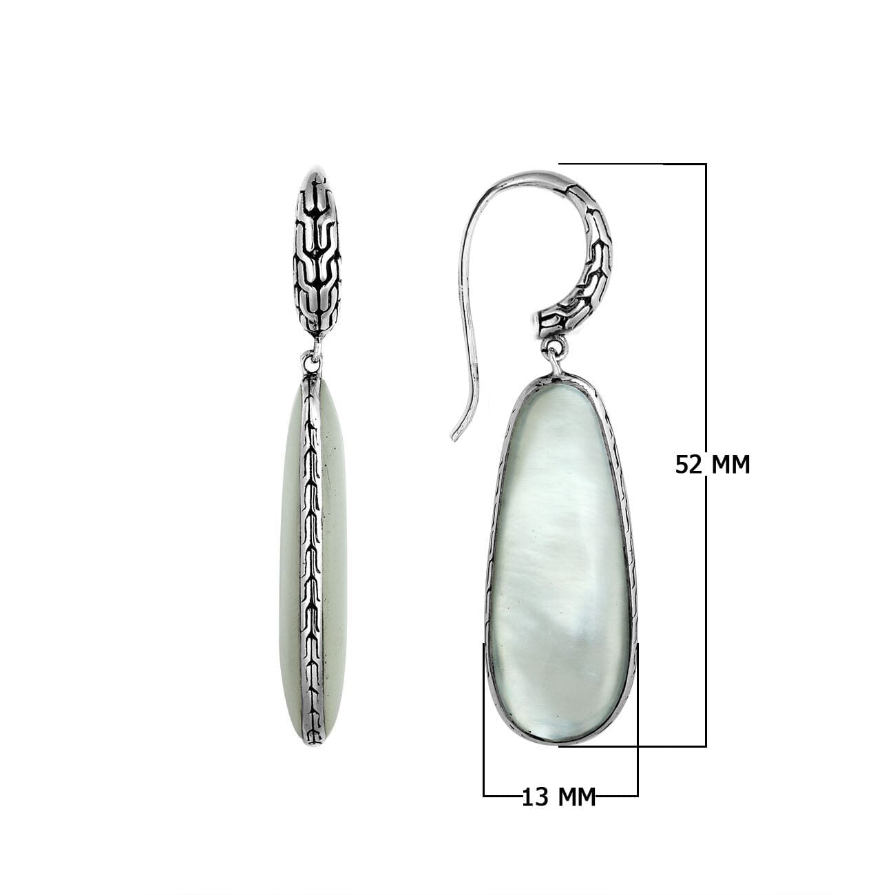 Sterling Silver Mother Of Pearl Shell Drop Earrings featuring teardrop design with textured silver edge and glossy mirror-polished finish
