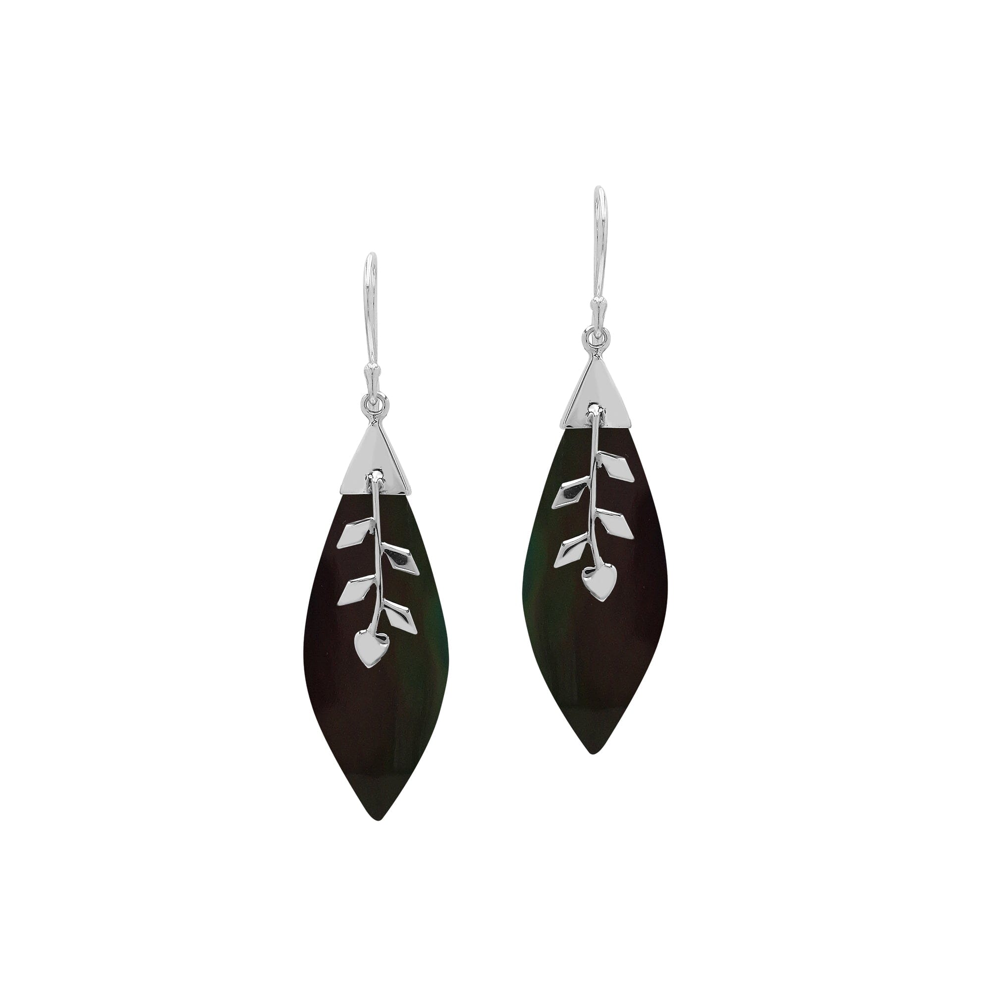Black Shell Silver Leaf Drop Earrings